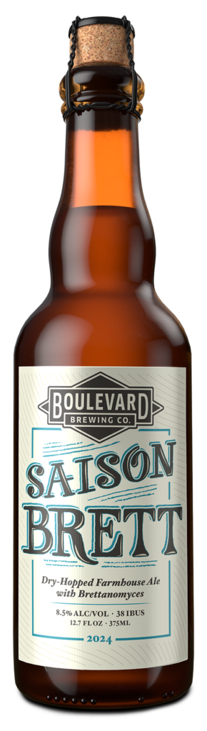 A 375ml bottle of Boulevard Brewing Co. Saison Brett beer is shown. The label states it is a dry-hopped farmhouse ale with Brettanomyces, containing 8.5% alcohol and 38 IBUs. The bottle has a cork top secured with a wire cage, and a vintage-inspired design.