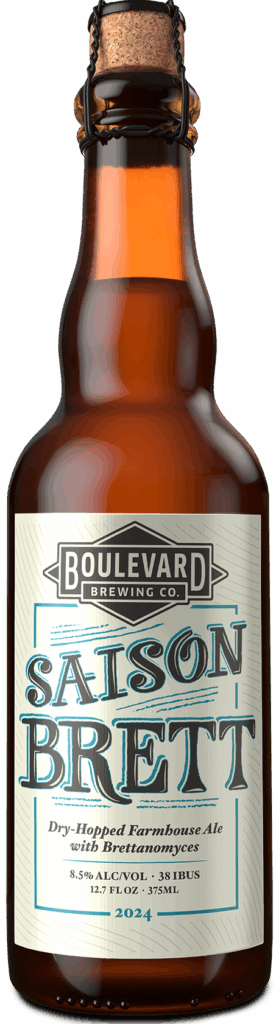 A 375ml bottle of Boulevard Brewing Co. Saison Brett beer is shown. The label states it is a dry-hopped farmhouse ale with Brettanomyces, containing 8.5% alcohol and 38 IBUs. The bottle has a cork top secured with a wire cage, and a vintage-inspired design.