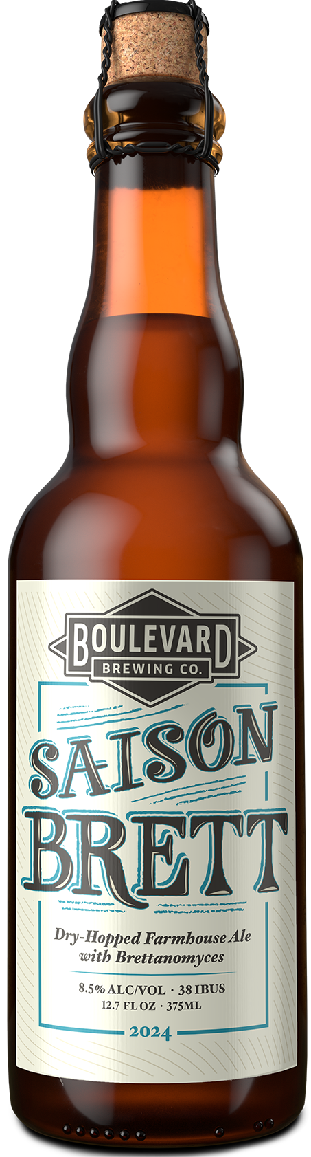 A 375ml bottle of Boulevard Brewing Co. Saison Brett beer is shown. The label states it is a dry-hopped farmhouse ale with Brettanomyces, containing 8.5% alcohol and 38 IBUs. The bottle has a cork top secured with a wire cage, and a vintage-inspired design.
