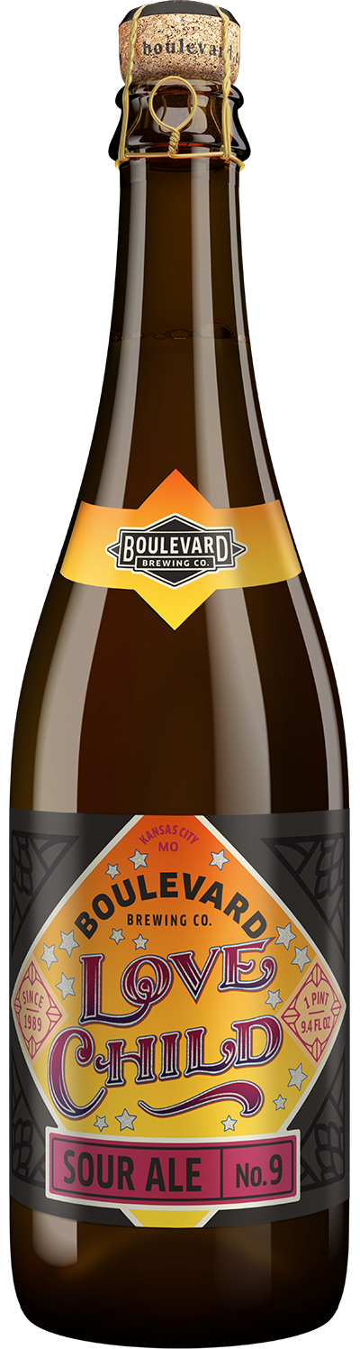 A 750ml bottle of Boulevard Brewing Co.'s "Love Child No. 9" sour ale, featuring a colorful label with vintage-style typography.