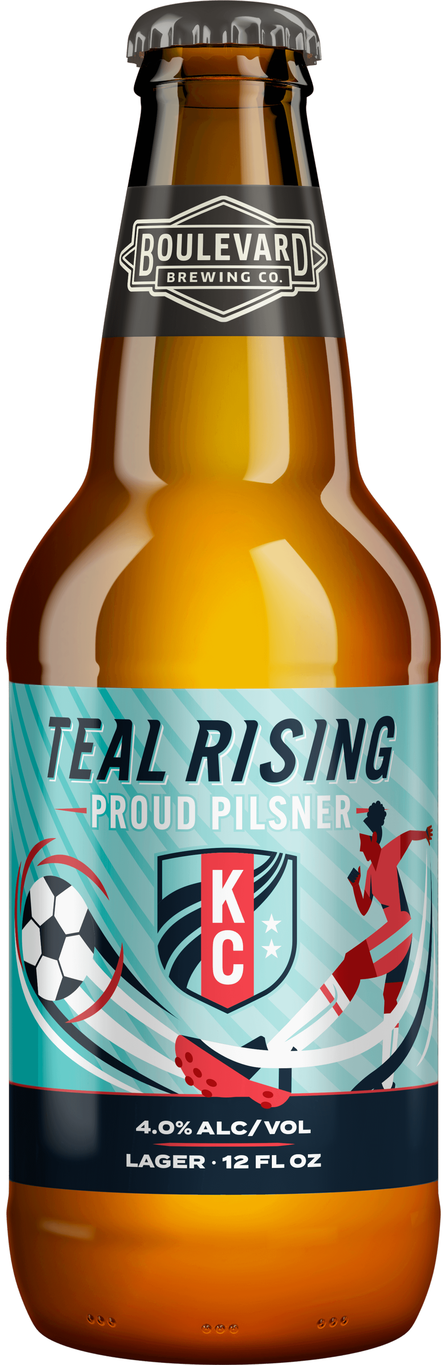 A brown beer bottle with a teal label that reads “Teal Rising Proud Pilsner” and “Boulevard Brewing Co.” The label features a soccer ball, a woman kicking, and the letters “KC” on a shield.
