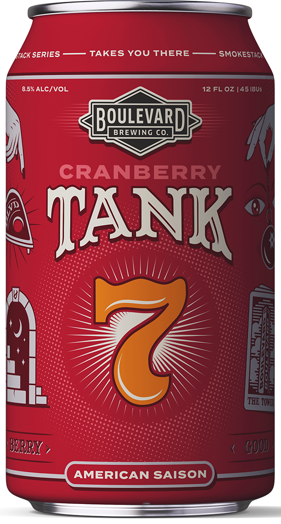 A red can of Boulevard Brewing Co.’s Cranberry Tank 7 American Saison, featuring bold white and orange text, mystical symbols, and a large orange number 7 in the center. The can is 12 fl oz with 8.5% ABV.