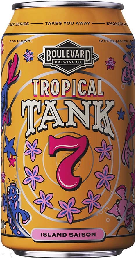 A can of Boulevard Brewing Co. Tropical Tank 7 Island Saison beer featuring a vibrant design with flowers, leaves, and a pink number 7 on a yellow background. The text reads "Takes You Away" and "Smokestack Series.