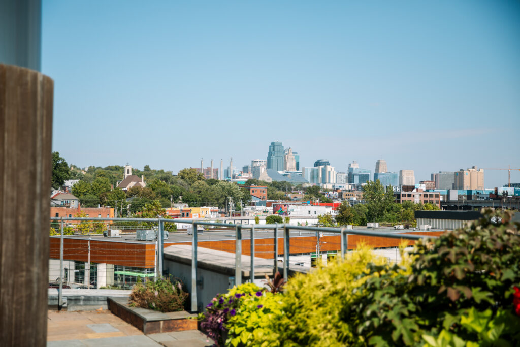 A rooftop garden with green plants in the foreground overlooks a city skyline with modern buildings and skyscrapers under a clear blue sky.