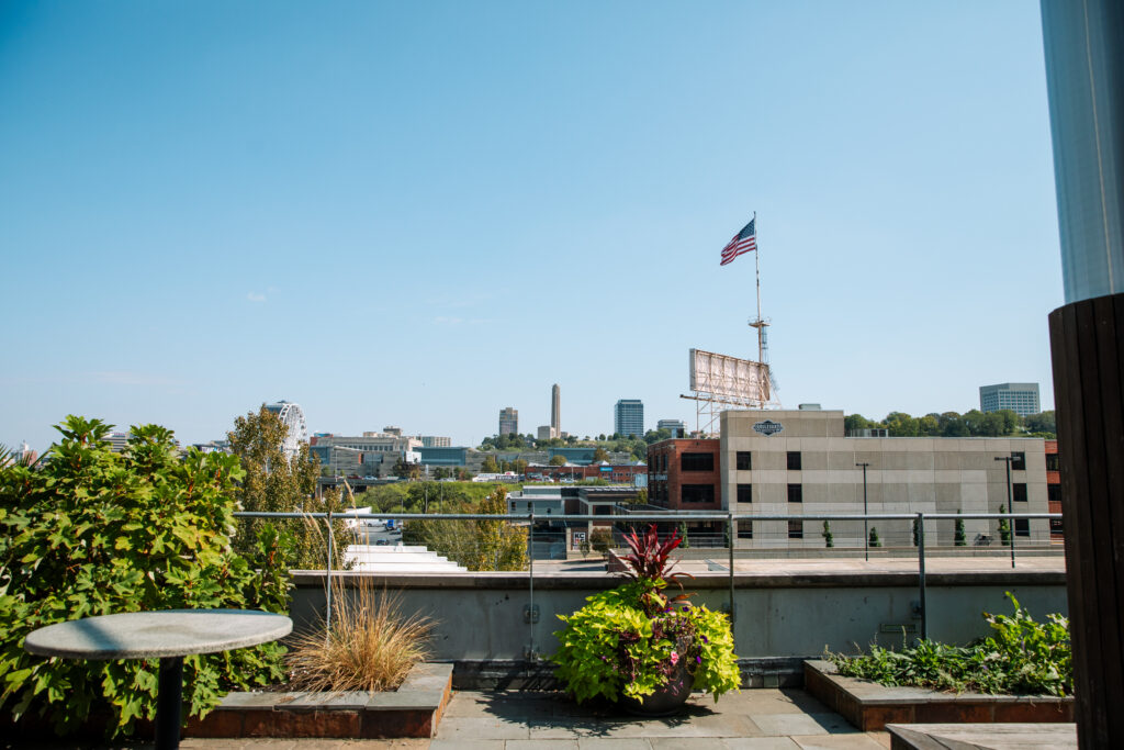 A cityscape view from a rooftop patio with plants in planters, a table, and an American flag waving atop a tall pole against a clear blue sky. Buildings and greenery are visible in the distance.