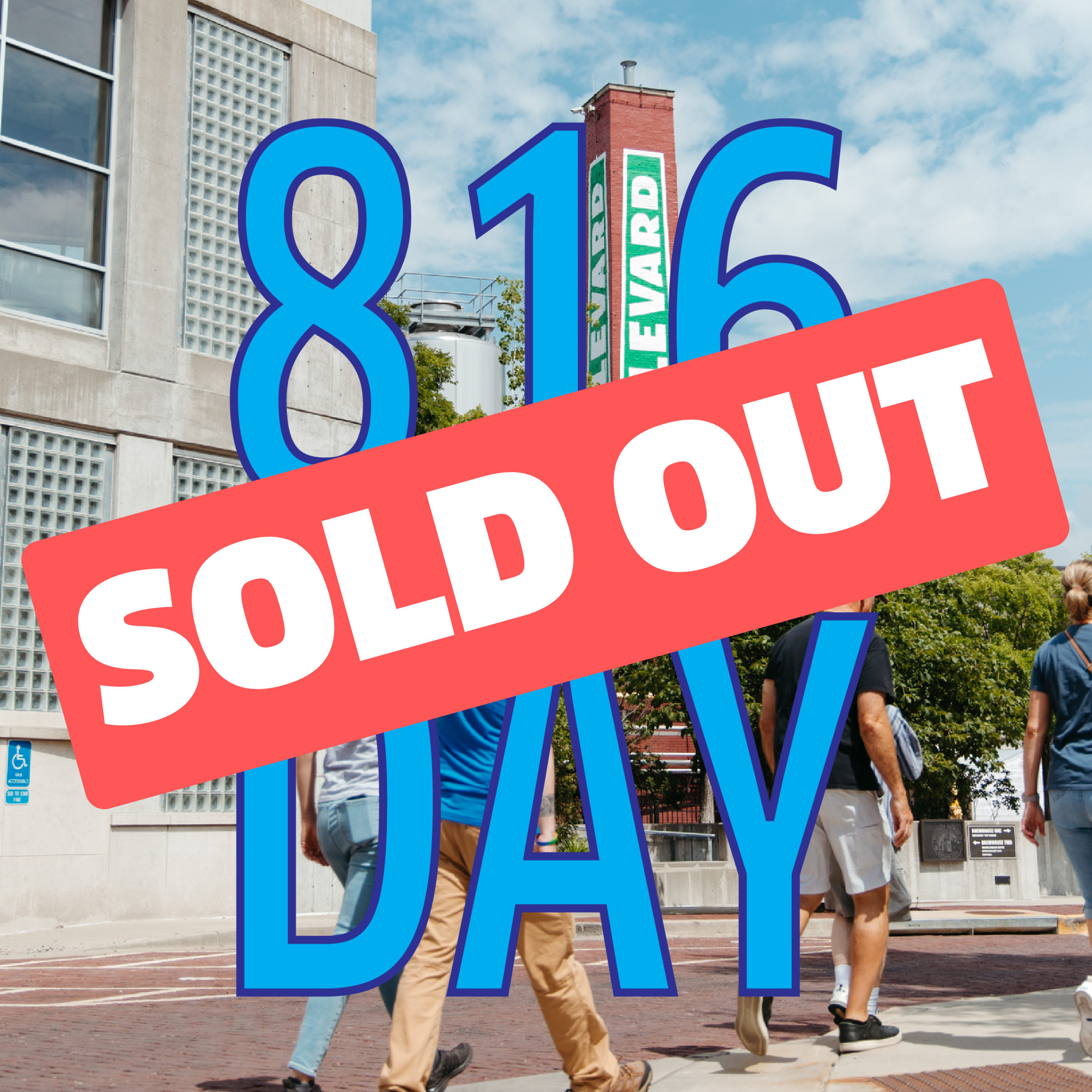 Four people cross a street in a city. Large blue text reads “816 DAY” with a bold red “SOLD OUT” banner across it. In the background, the Tours and Rec Center and a tall building with a prominent “Boulevard” sign highlight the Boulevard Brewing Co. Tours experience.