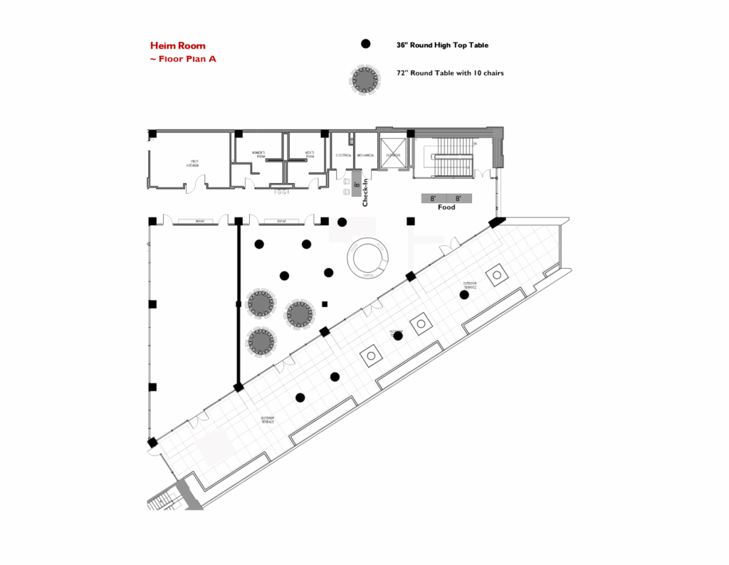 Floor plan labeled "Heim Room - Floor Plan A" showing room layout with marked entry, food area, 36" round high-top tables, 72" round tables with 10 chairs, plants, and an outdoor area.