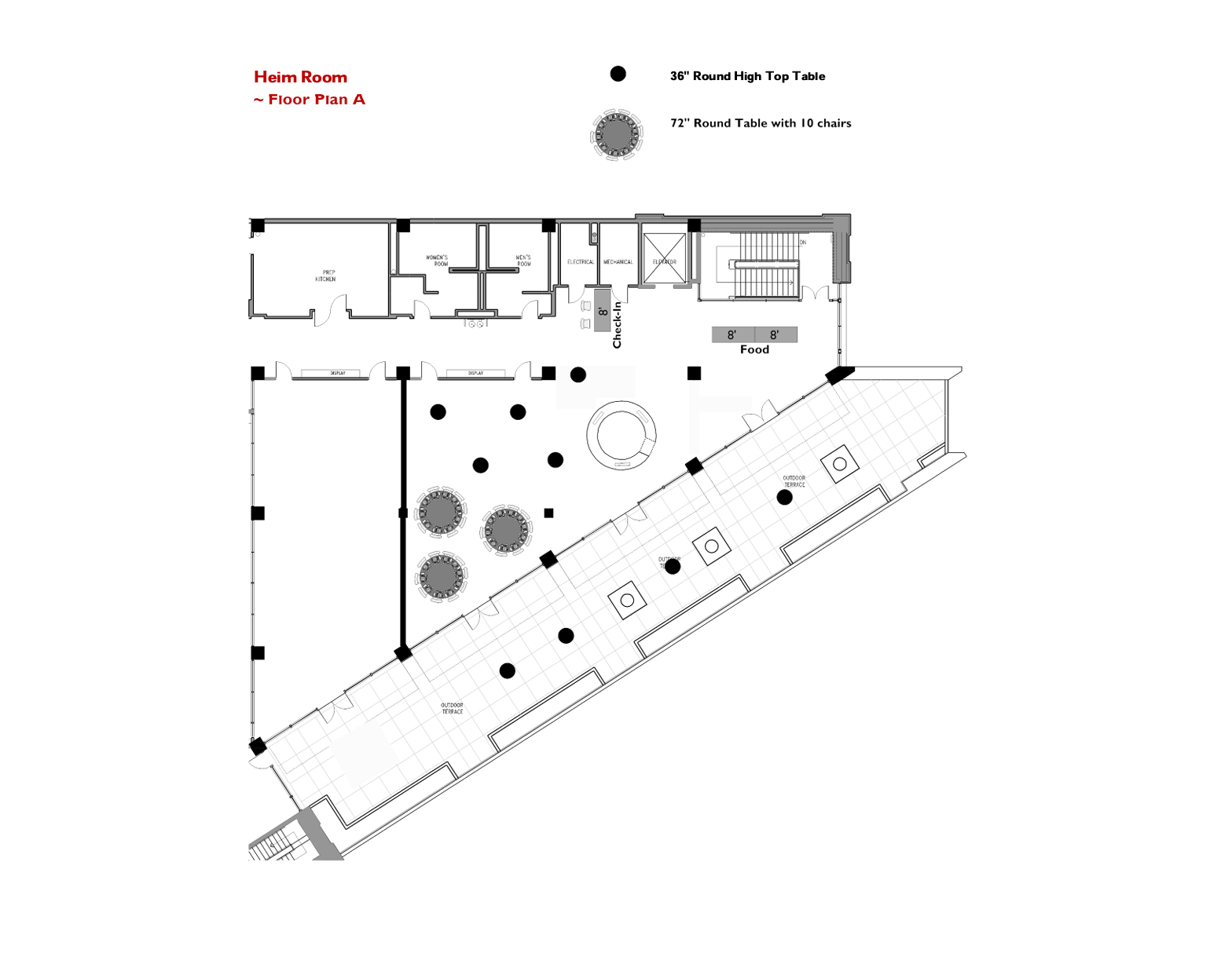 Floor plan labeled "Heim Room - Floor Plan A" showing room layout with marked entry, food area, 36" round high-top tables, 72" round tables with 10 chairs, plants, and an outdoor area.