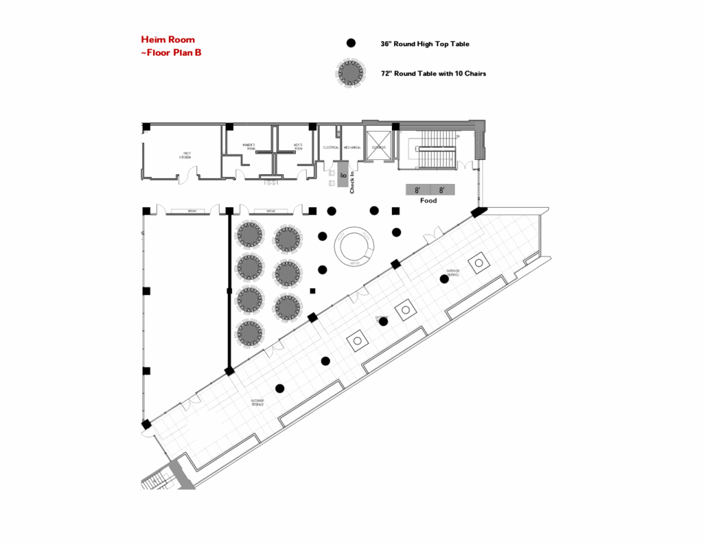 Floor plan labeled "Heim Room - Floor Plan B" with circular tables, labeled as 30” round high-top tables and 72” round tables with 10 chairs, arranged around a central "Food" area. Entrances and exits shown.