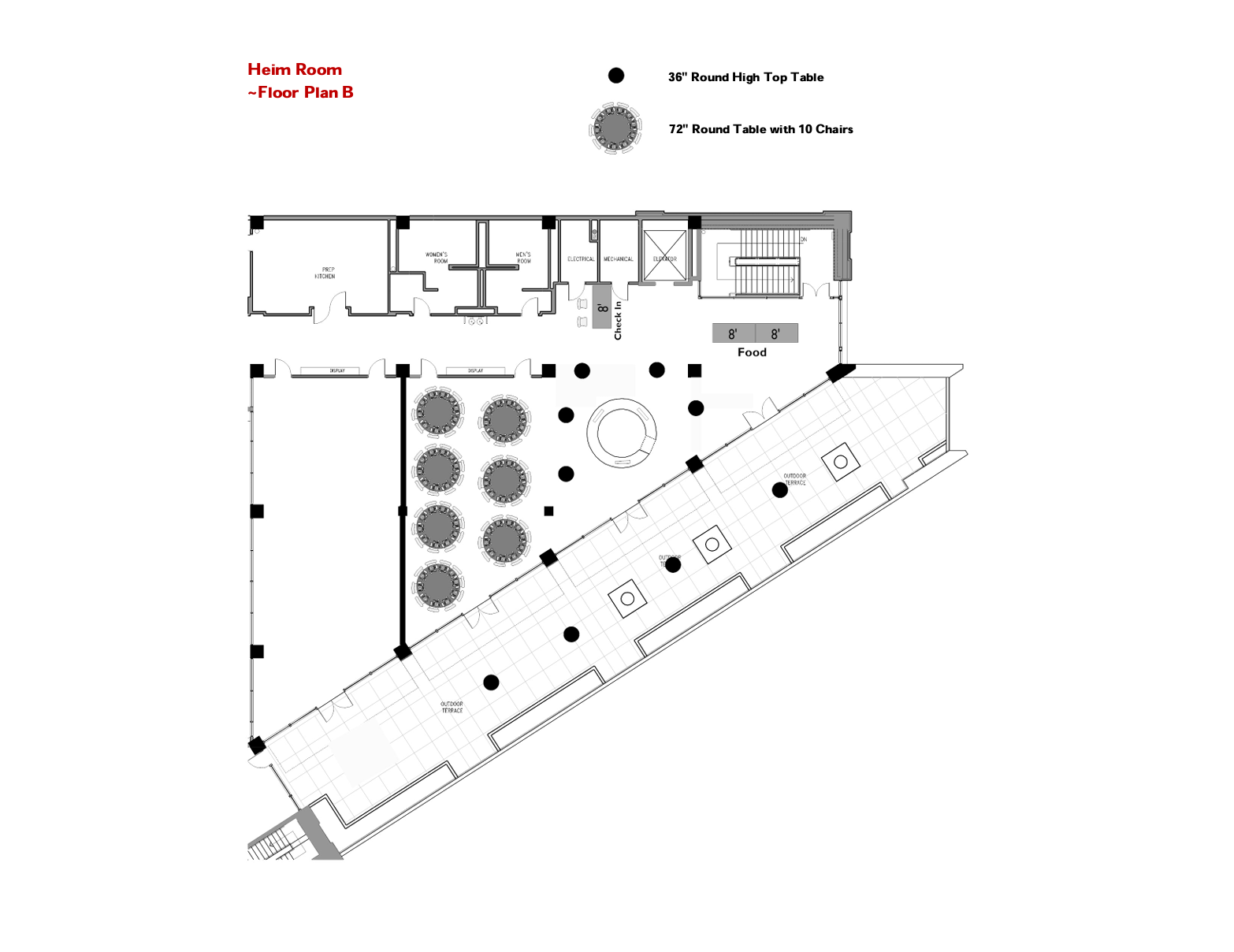 Floor plan labeled "Heim Room - Floor Plan B" with circular tables, labeled as 30” round high-top tables and 72” round tables with 10 chairs, arranged around a central "Food" area. Entrances and exits shown.