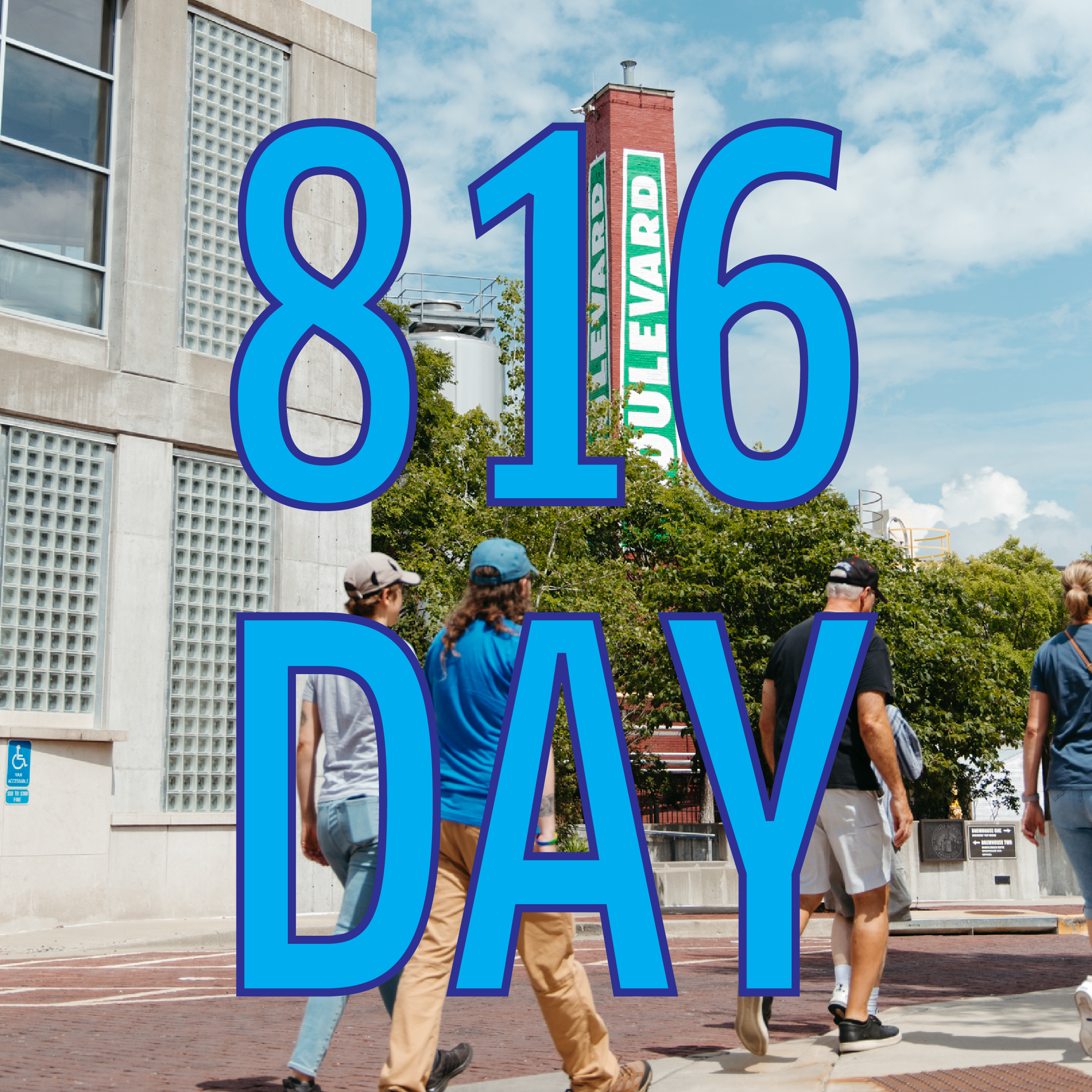 A group of people walks across a city street with “816 DAY” in large blue text over the image. A brick building with a vertical “Boulevard” sign—marking the home of Boulevard Brewing Co. Tours and Rec Center—is in the background. The sky is partly cloudy.