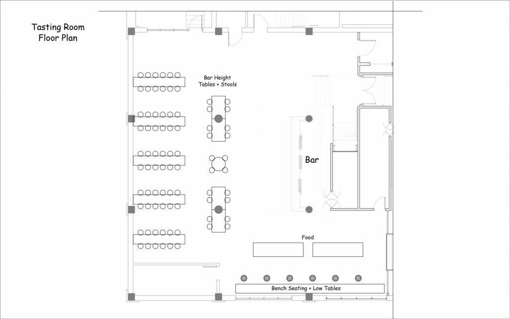 Black and white floor plan of a tasting room, showing a bar near the center-right, bar height tables with stools to the left, regular tables and chairs to the left-center, food area on the bottom right, and bench seating with low tables along the bottom wall.