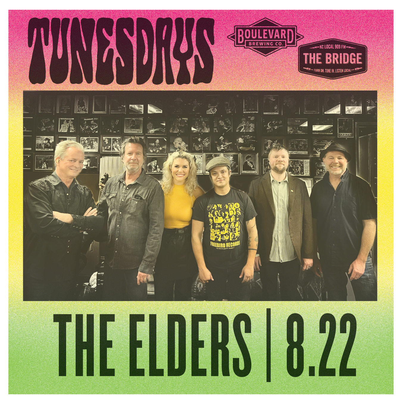 A promotional image with a rainbow gradient background featuring six people standing side by side. Above them is text that reads "Tunesdays" and logos for Boulevard Brewing Co. and The Bridge, while below them is text that reads "The Elders | 8.22".