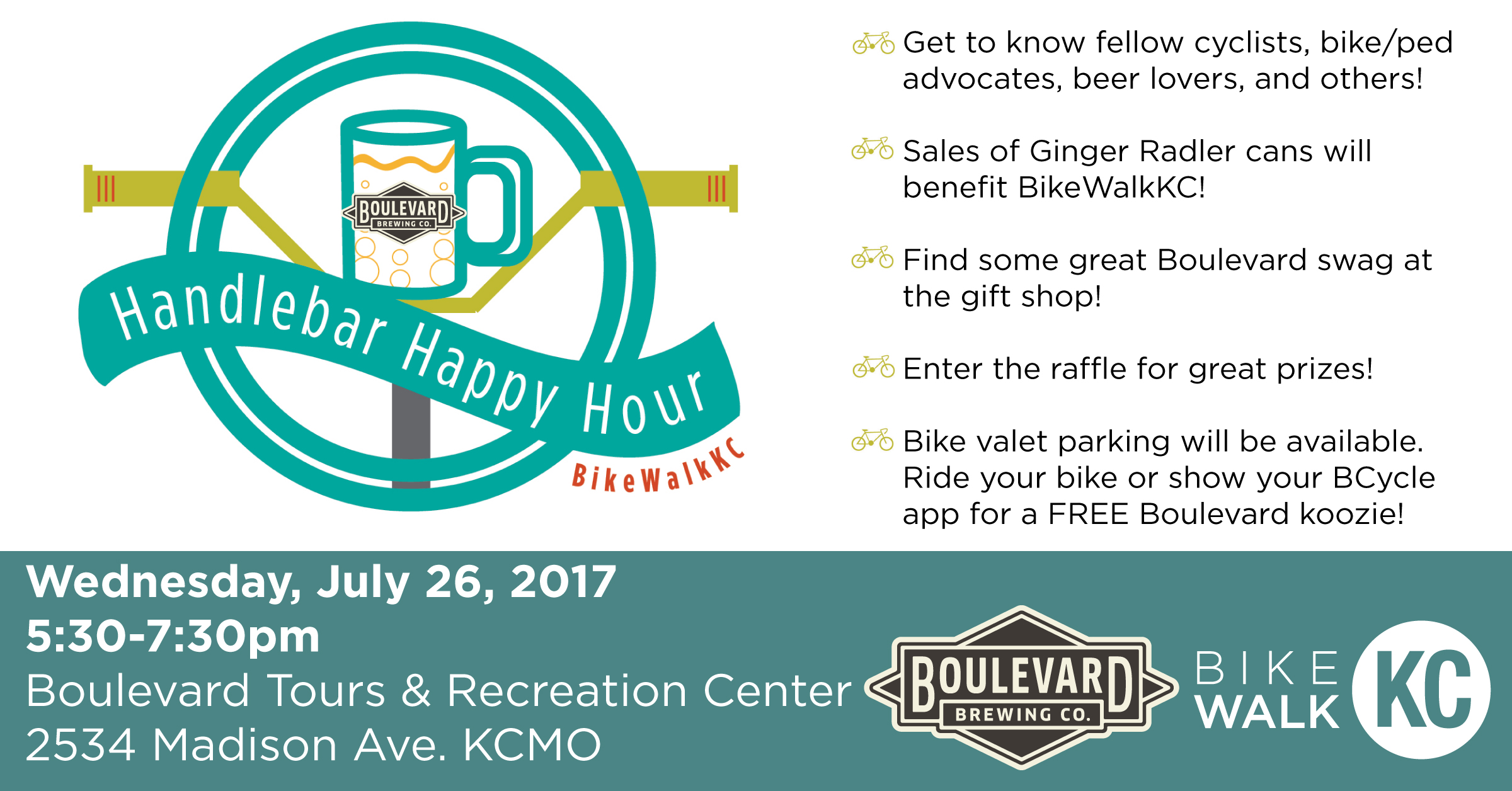 A promotional image for "Handlebar Happy Hour" by BikeWalkKC on Wednesday, July 26, 2017, featuring icons and text highlighting cycling camaraderie, Ginger Radler sales, swag, a raffle, and free valet parking. Location details are included.