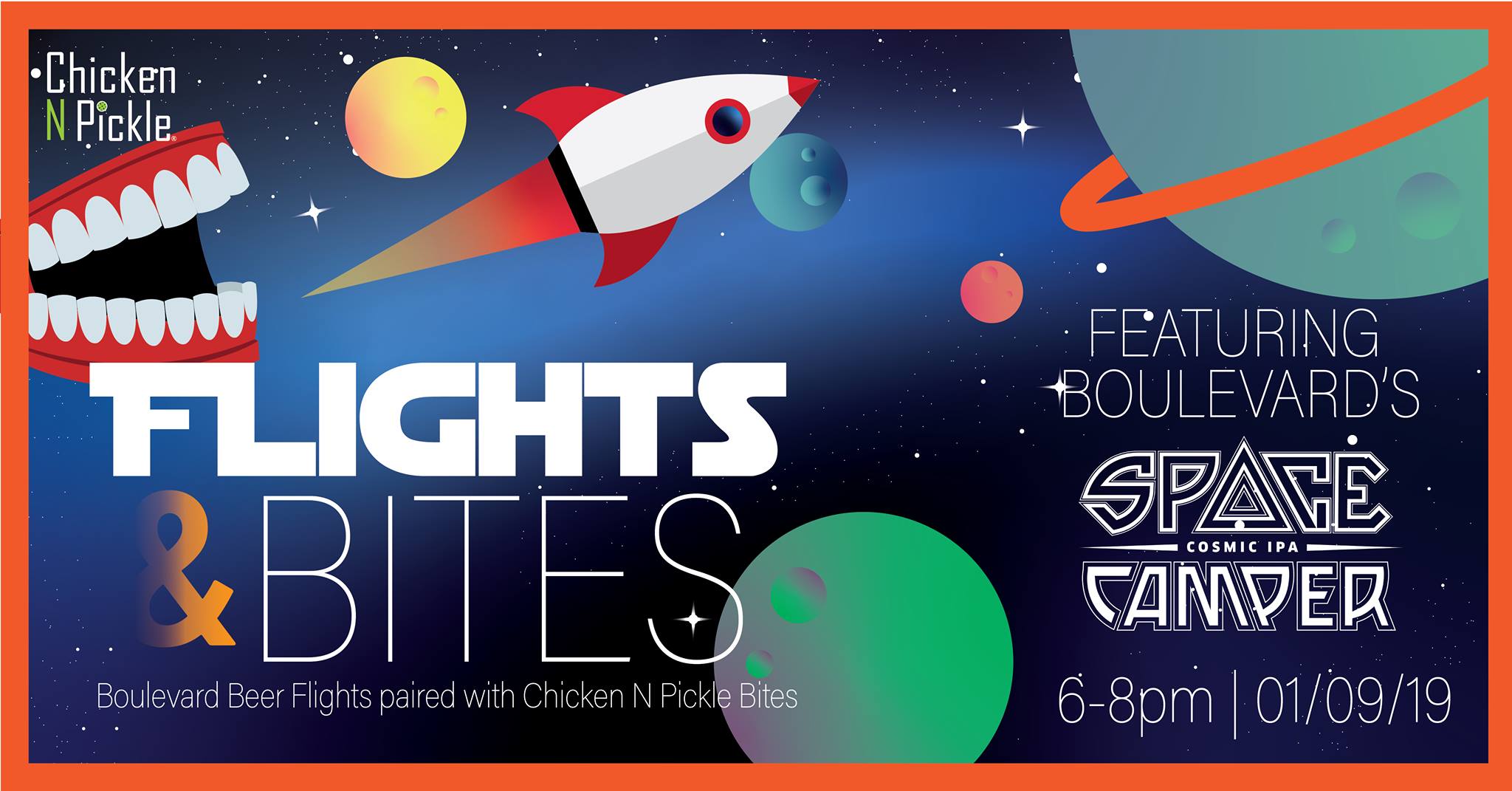 A colorful space-themed poster for "Flights & Bites" at Chicken N Pickle. It features a rocket, planets, and text about Boulevard Beer Flights paired with Chicken N Pickle Bites, taking place on 01/09/19 from 6-8pm.