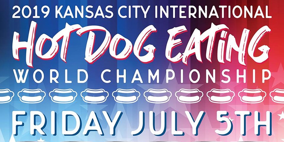 Colorful poster for the 2019 Kansas City International Hot Dog Eating World Championship, featuring a dramatic red, white, and blue gradient background with illustrations of hot dogs and event date: Friday, July 5th.