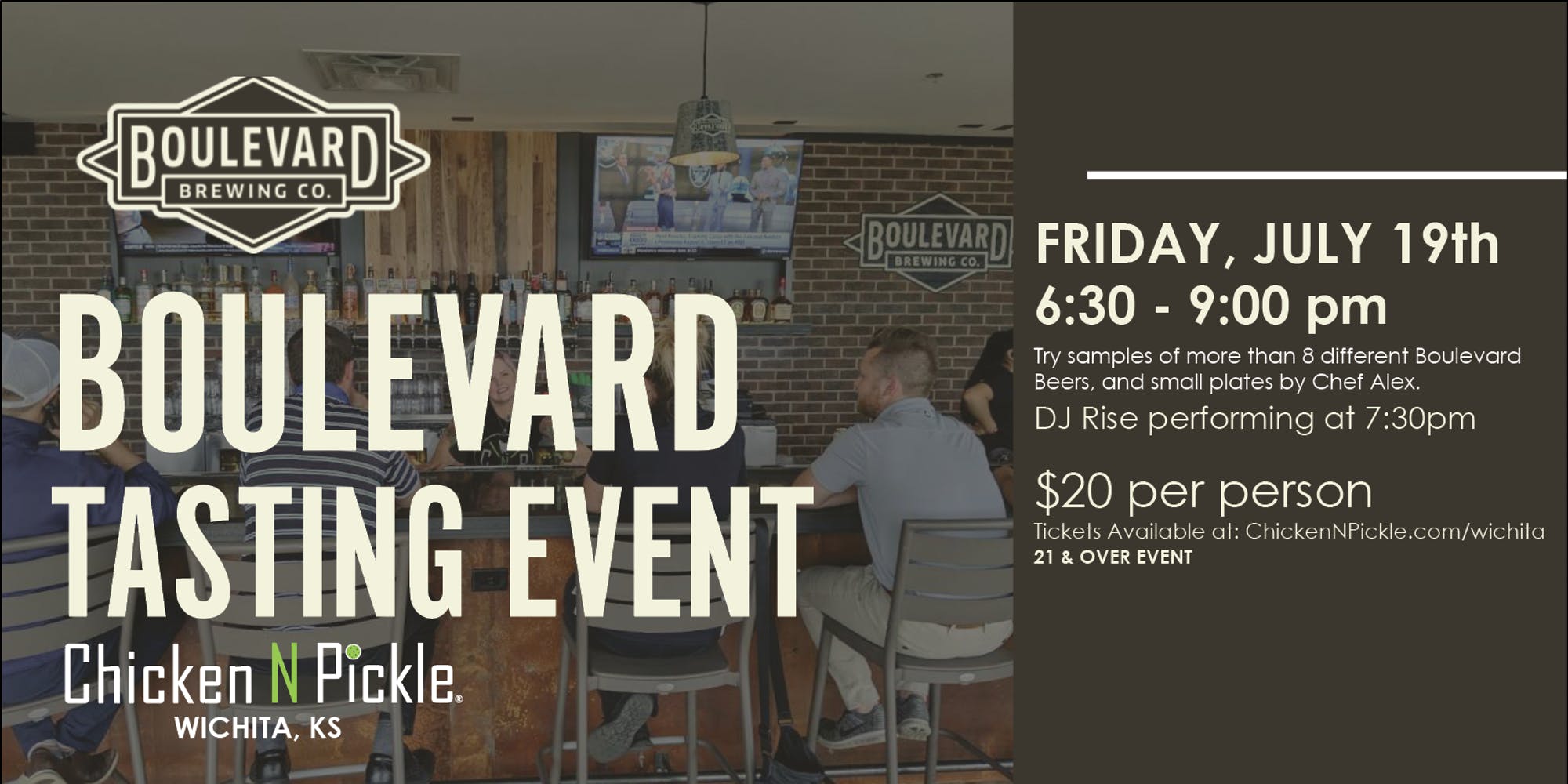 A poster for the Boulevard Tasting Event at Chicken N Pickle, Wichita, KS, on Friday, July 19th from 6:30 to 9:00 pm. Features beer samples, small plates by Chef Alex, and a DJ performance at 7:30 pm. Tickets are $20 per person, 21 & over event.