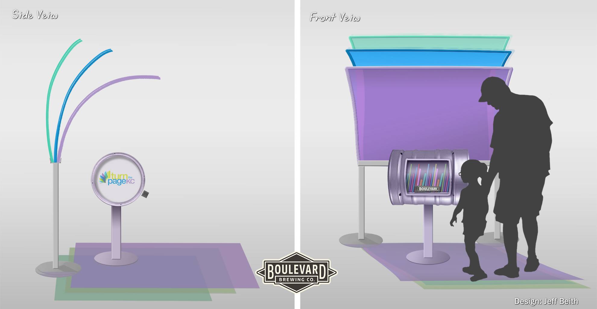 Illustration of a playground installation with a circular drum panel and colorful panels above. A silhouette of an adult and child is visible on the right. Boulevard Brewing Co. logo and text "Design: Jeff Biehn" are shown.