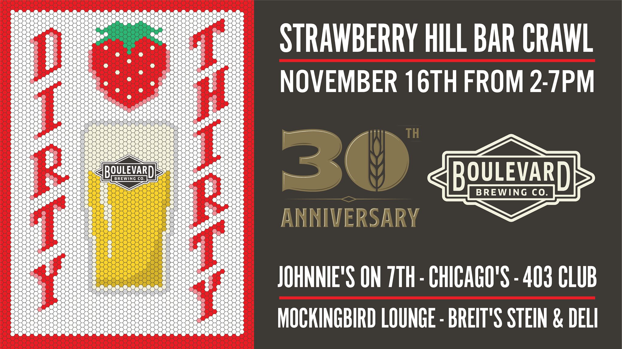 A promotional poster for the Strawberry Hill Bar Crawl celebrating the 30th anniversary of Boulevard Brewing Co. on November 16th from 2-7 PM. Features include a strawberry, a pint of beer, and participating venues listed at the bottom.