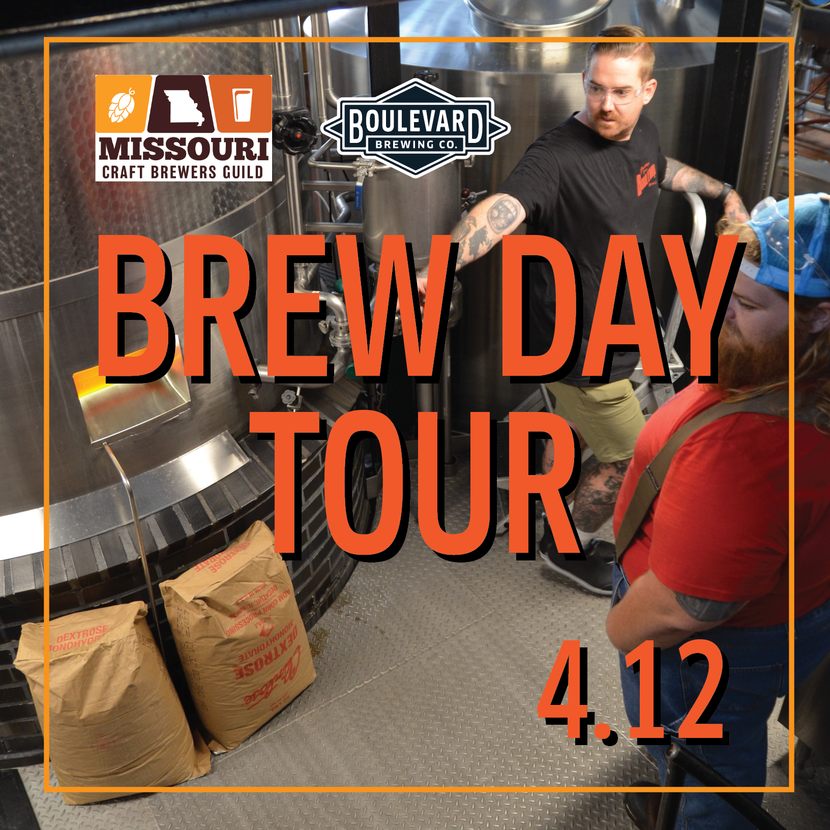 Image of a stainless steel brewery with several people, including a man in a black shirt and a woman in a red shirt holding a beverage. The text on the image reads "Missouri Craft Brewers Guild," "Boulevard Brewing Co.," and "Brew Day Tour 4.12.