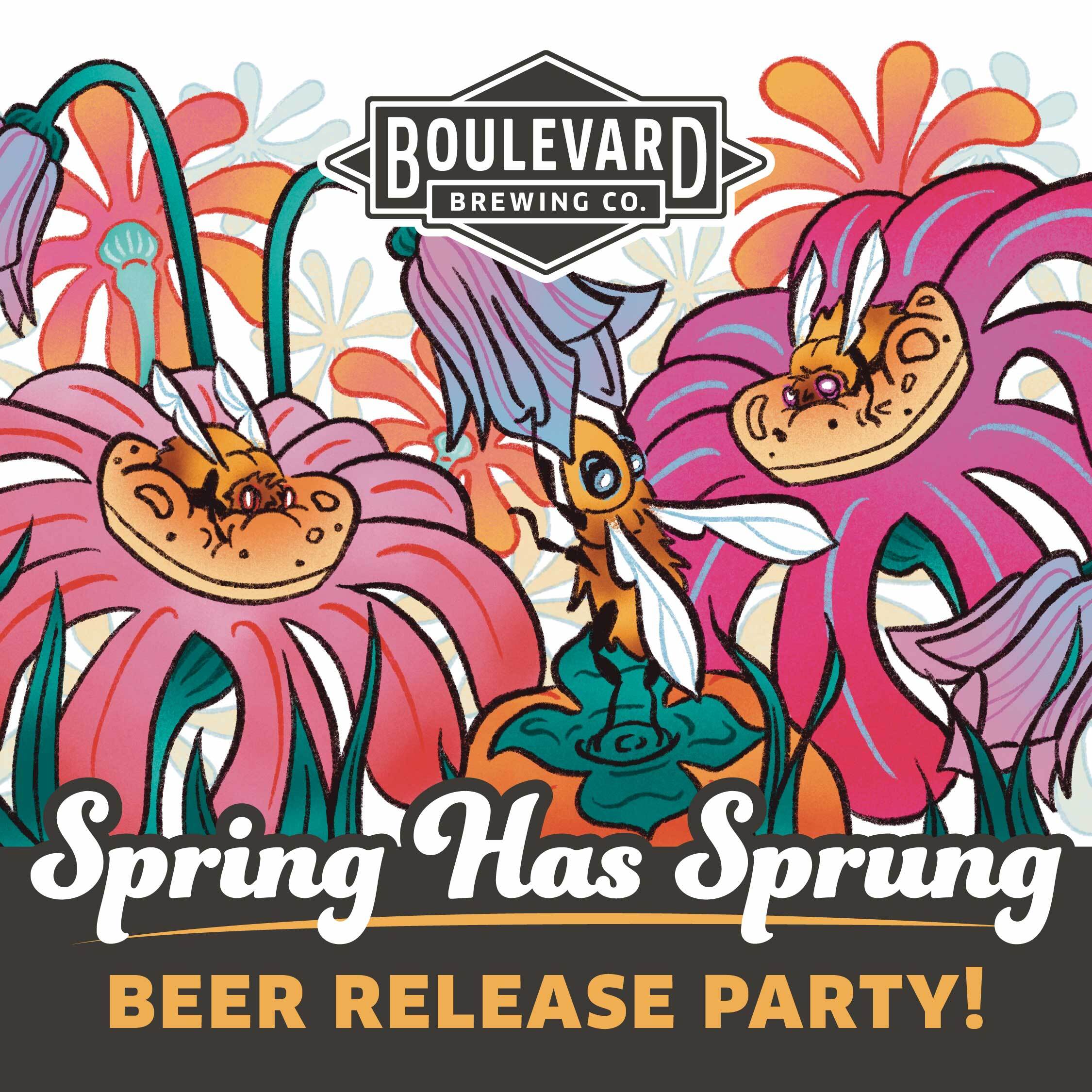 Illustrated promotional image for Boulevard Brewing Co.'s "Spring Has Sprung" Beer Release Party. The artwork features whimsical bees interacting with vibrant, oversized flowers, and colorful, abstract floral elements in the background.