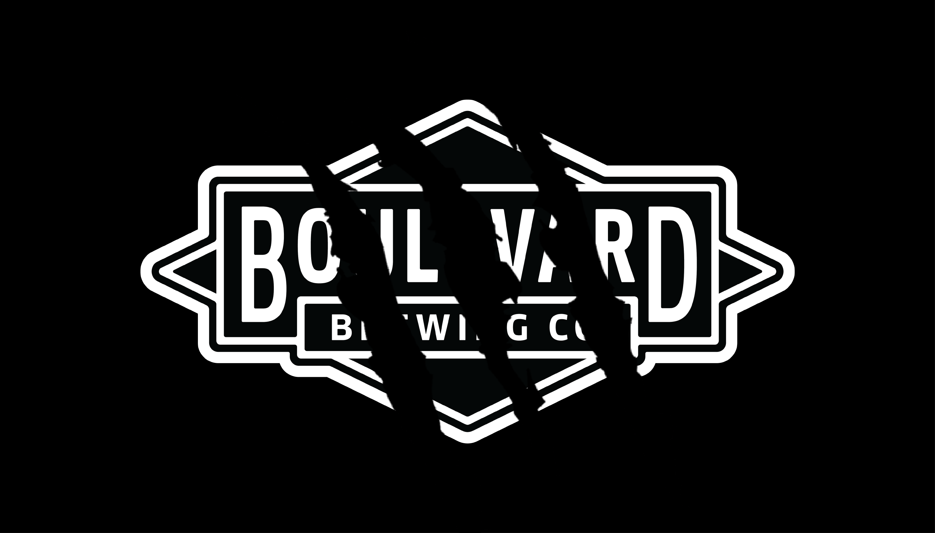 A logo featuring the words "Boulevard Brewing Co." in bold letters, partially obscured by three diagonal black slash marks, set against a black background. The text is framed by geometric shapes.