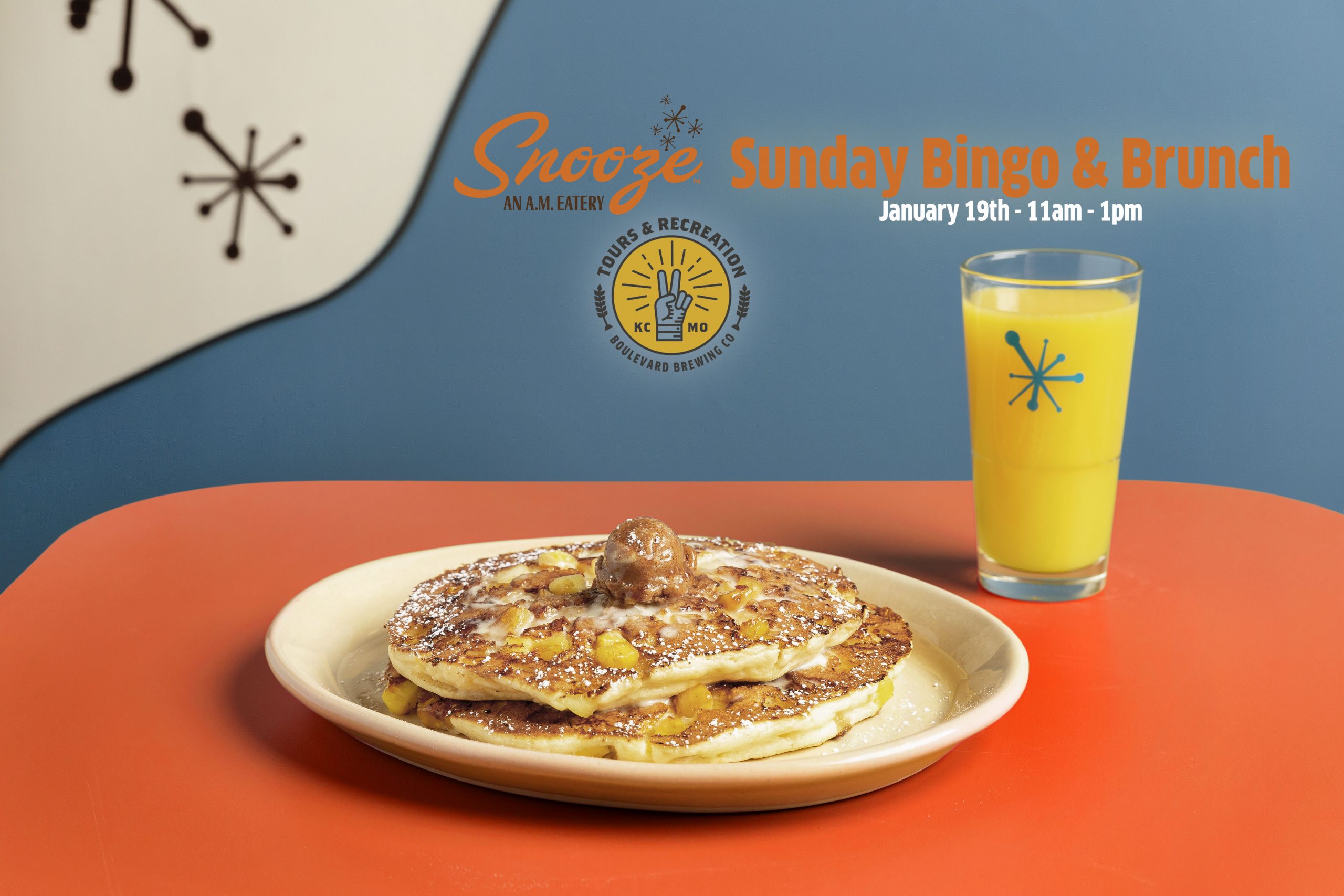 A plate of pancakes topped with syrup and a small scoop of butter sits on an orange table next to a glass of orange juice. Text reads: "Snooze Sunday Bingo & Brunch, January 19th • 11am - 1pm" alongside a "Parks & Recreation" logo.