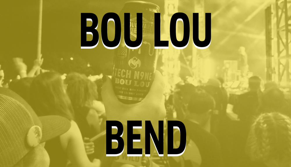 A person holds up a can of Bou Lou at a crowded concert. The background is filled with stage lights and people, blending into a vibrant atmosphere. Text on the image reads "Bou Lou" and "Bend" in bold letters.