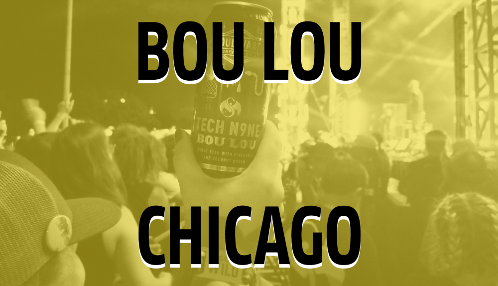 A person holds up a can of Bou Lou beer at a lively outdoor concert in Chicago. The scene is tinted in yellow, highlighting the energetic atmosphere and crowd in the background.