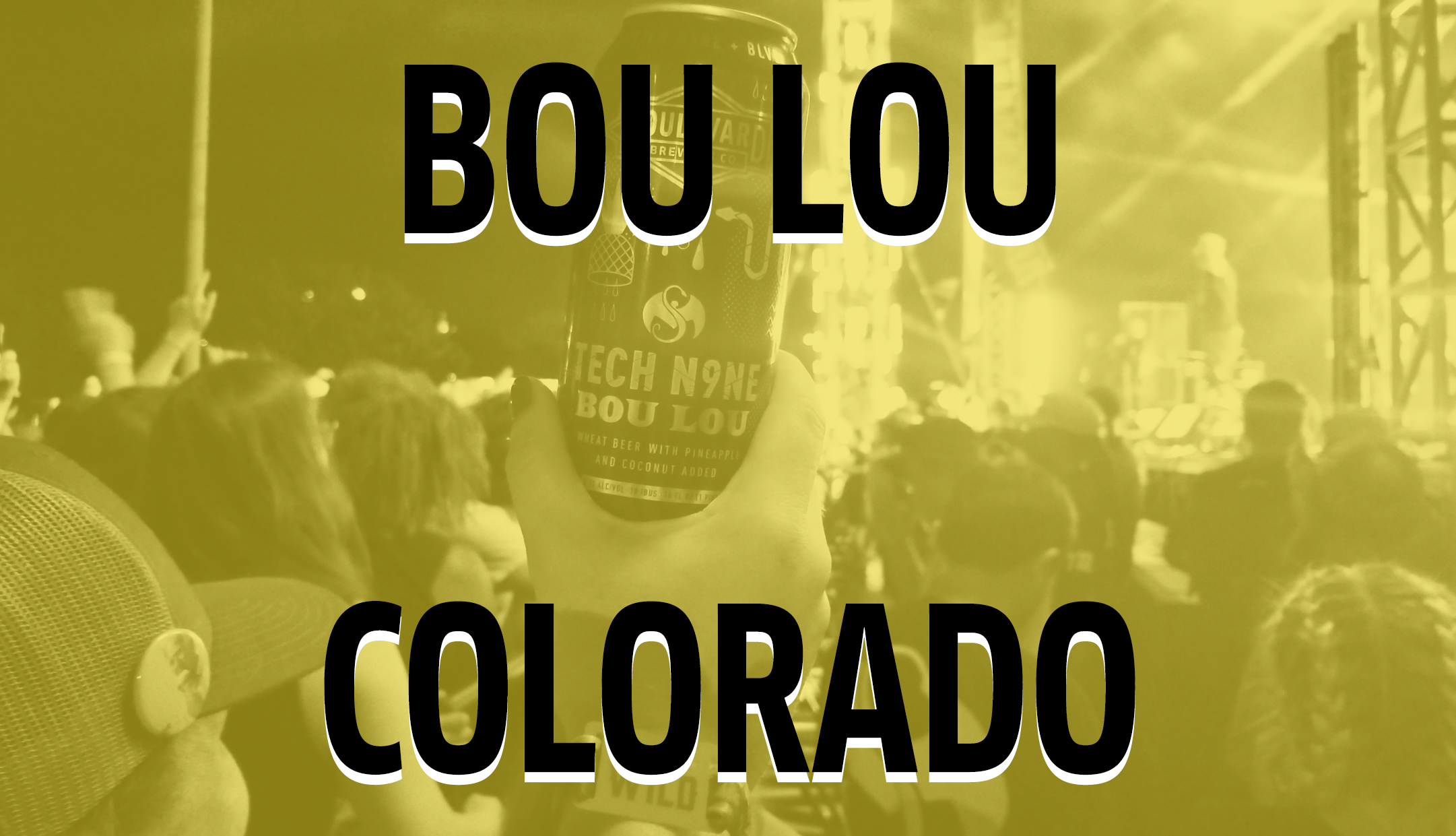 A person holds up a Bou Lou drink can in a crowd at a concert in Colorado. The scene is lively with lights and a stage visible in the background. The image is overlaid with large text reading "Bou Lou Colorado.