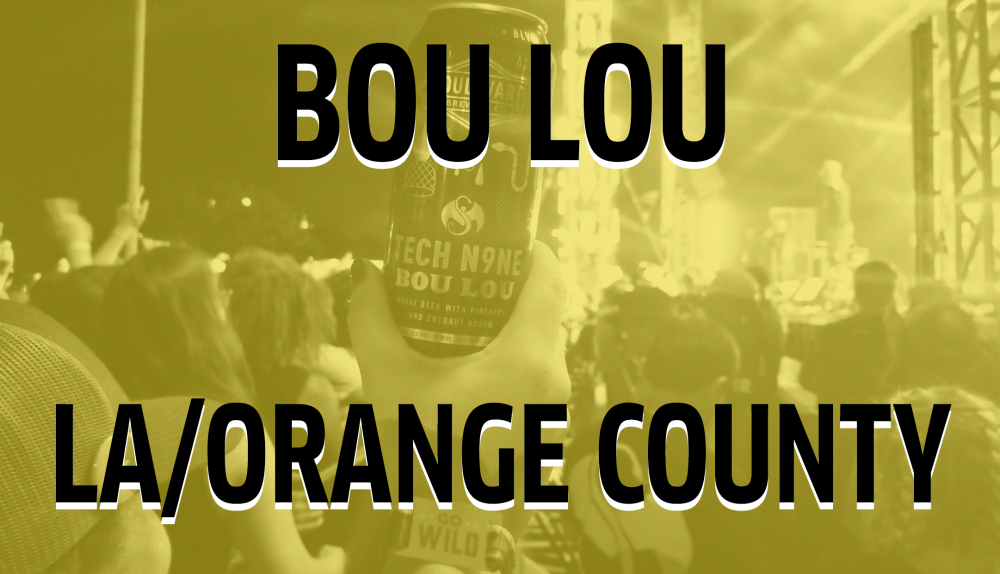 A person holds up a can labeled “BOU LOU” at a concert, with a crowd and stage visible in the background. Large text in the foreground reads “LA/ORANGE COUNTY.” The image has a warm yellow tint.