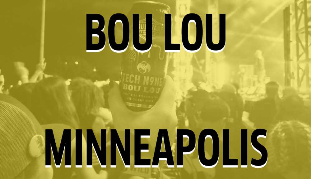 A tinted image shows a raised hand holding a can of Bou Lou, with a lively crowd and stage lights in the background. Large text reads "BOU LOU MINNEAPOLIS.