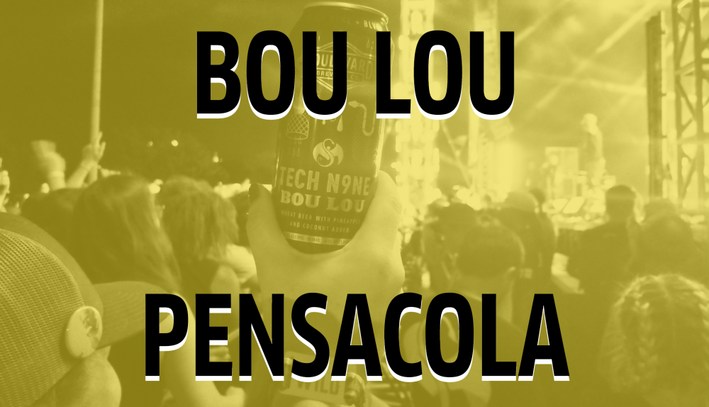 A person holds up a can of Bou Lou drink at an outdoor event in Pensacola. The image has a yellow tint, with a stage and people in the background. Large text overlays the image, reading "BOU LOU" and "PENSACOLA.