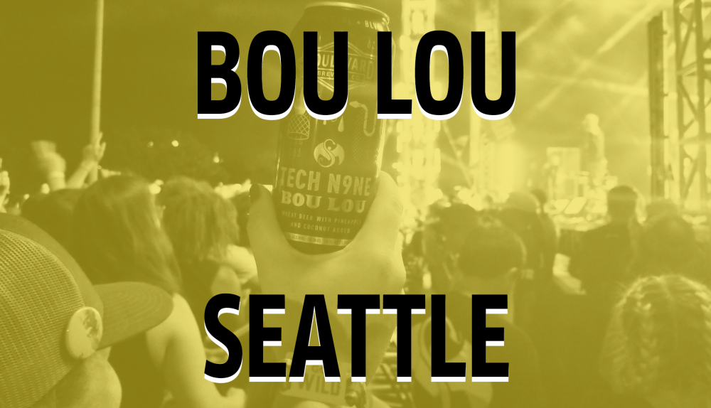 A person holds up a can of "Bou Lou" beer at an outdoor concert in Seattle. The stage is lit up in the background, and the audience is visible. The image has a sepia tone, and large text reads "BOU LOU SEATTLE.