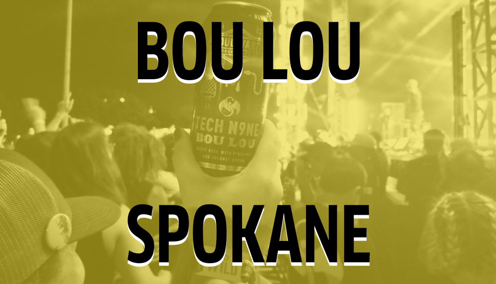 A can of Bou Lou beer is held up at an outdoor concert, with a crowd and stage visible in the background. The words "BOU LOU SPOKANE" are prominently displayed over the image in bold letters.