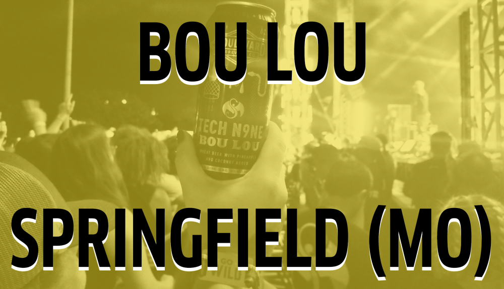 A person holds up a can of Boulevard Brewing Co.'s "Bou Lou" at an outdoor concert in Springfield, Missouri. The scene is backlit with stage lights, and the words "BOU LOU SPRINGFIELD (MO)" are prominently displayed over the image.