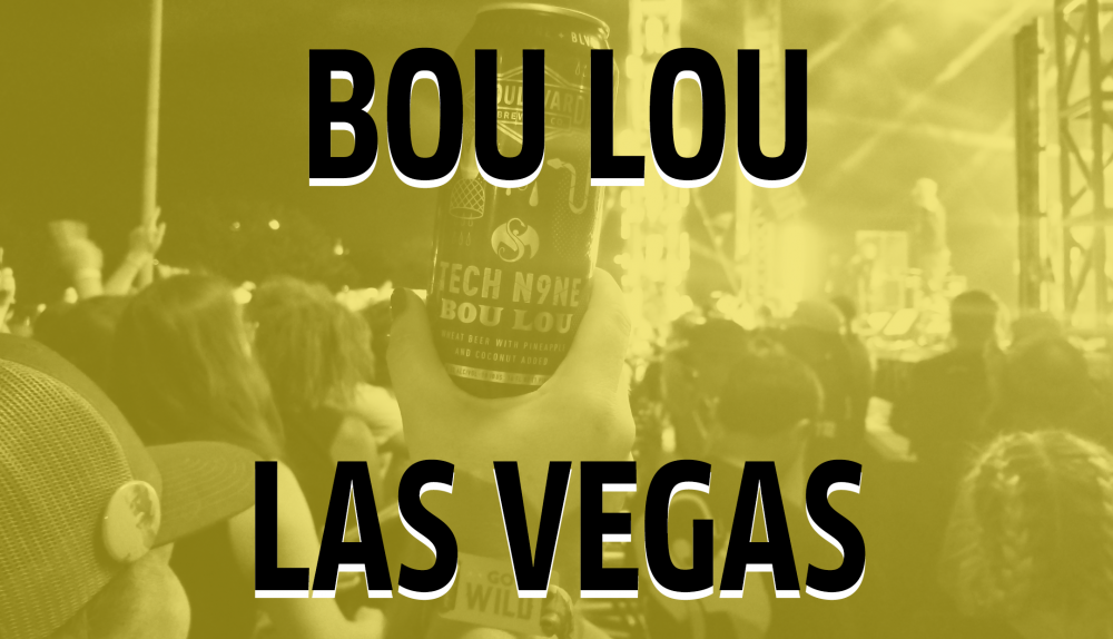 Audience at a concert in Las Vegas holding a can of Bou Lou, with stage lights illuminating the scene. Bold text overlays the image reading "Bou Lou Las Vegas.