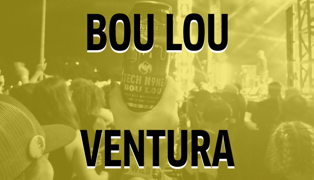 A person holds up a can labeled "Bou Lou" in the air at a live outdoor concert in Ventura. The scene is bathed in a yellowish glow, with a stage and performer visible in the background.