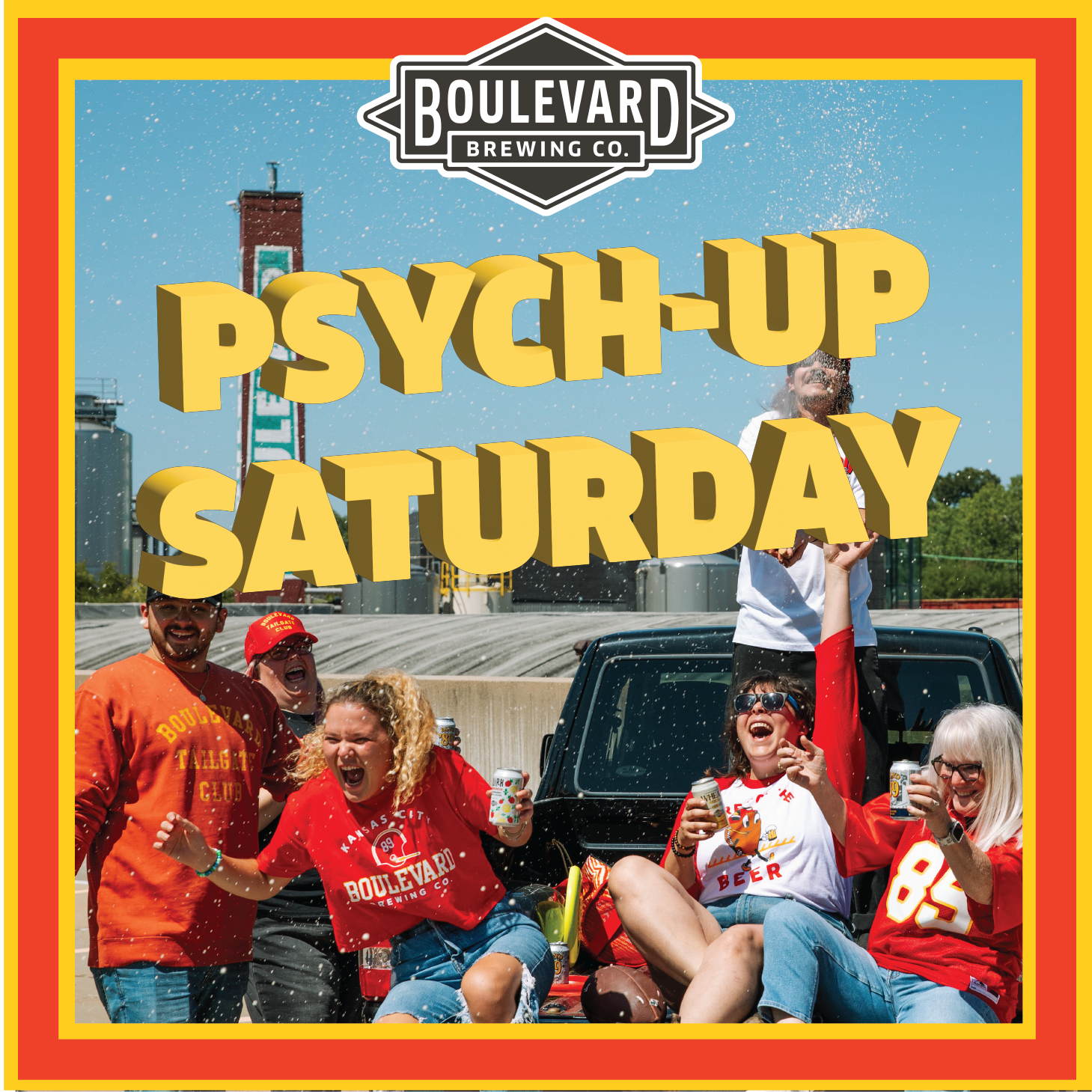 A group of people wearing Boulevard Brewing Co. apparel cheer and laugh while sitting on and around a truck parked in front of brewing tanks. The text "PSYCH-UP SATURDAY" is displayed in large, yellow letters above them.