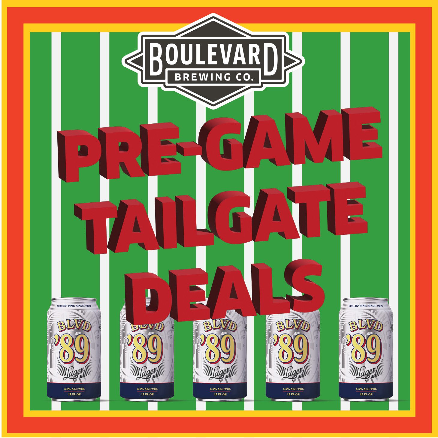 A festive advertisement featuring a green and white football field background with bold red text that reads "Pre-Game Tailgate Deals." The logo for Boulevard Brewing Co. is at the top, and five Boulevard beer cans labeled "’89 Lager" are lined up at the bottom.