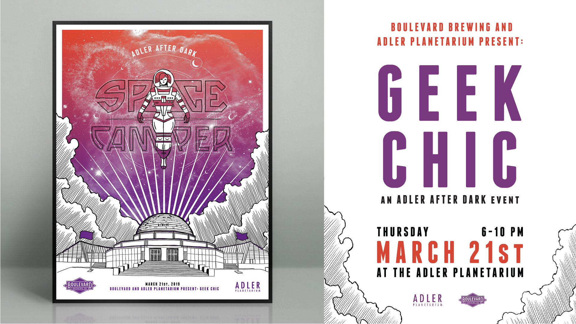 A poster for the "Space Cadet" event by Boulevard Brewing and Adler Planetarium. It features a space theme with an astronaut and cosmic elements. Details include time, date, and location: March 21st, 6-10 PM at Adler Planetarium.