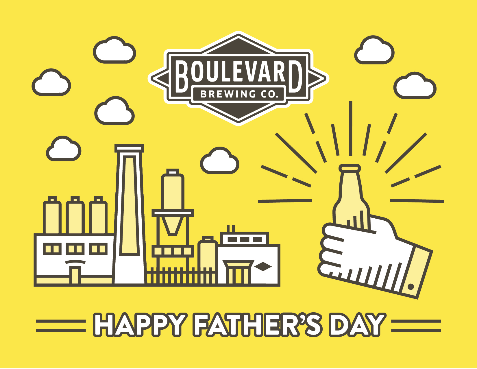 A yellow graphic design features the Boulevard Brewing Co. logo, a stylized brewery illustration, a hand holding a beer bottle with radiating lines, and the text "HAPPY FATHER'S DAY" at the bottom. Small clouds are scattered in the background.