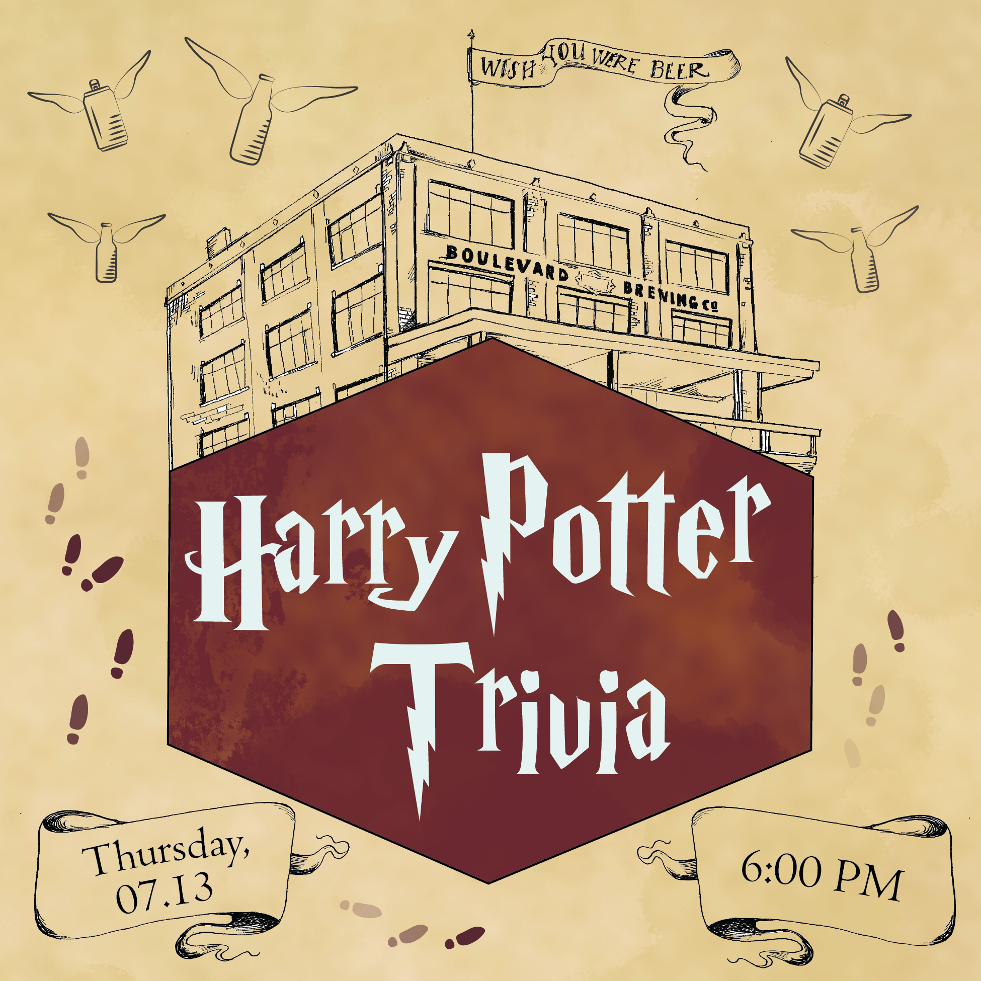 A poster for a Harry Potter Trivia event. The background features an illustration of a building labeled "Boulevard Brewing Co." with flying wings and a banner reading "Wish You Were Beer!" The event is on Thursday, 07.13 at 6:00 PM. Footprints and magical elements are also present.