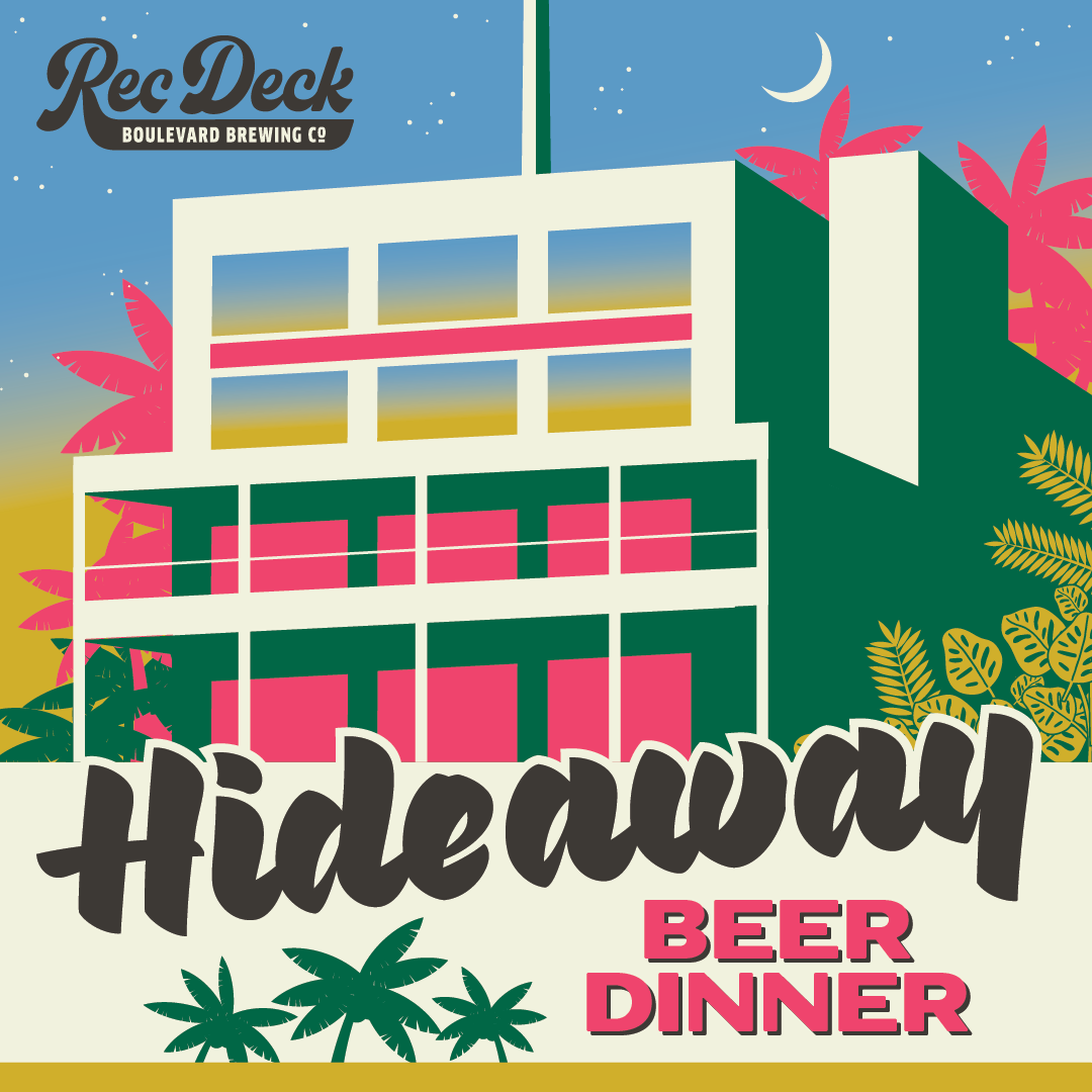 Bright and colorful poster for a "Hideaway Beer Dinner" by "Rec Deck Boulevard Brewing Co." The image features a modern building with palm trees, set against a gradient sky with a crescent moon. Bold and stylish text announces the event.