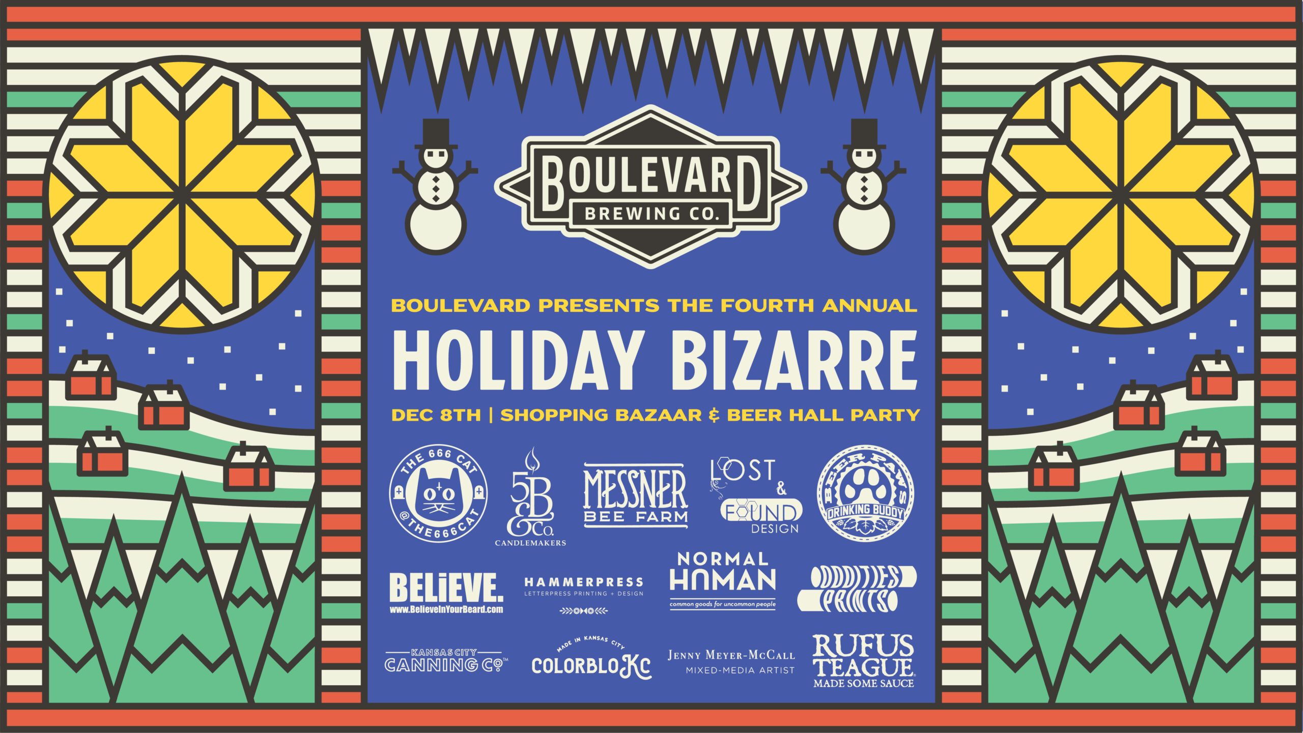 Festive flyer for Boulevard Brewing Co.'s Holiday Bizarre event. Features snowmen, ornaments, and sponsor logos. Details for a shopping bazaar and beer hall party on December 8th are highlighted.