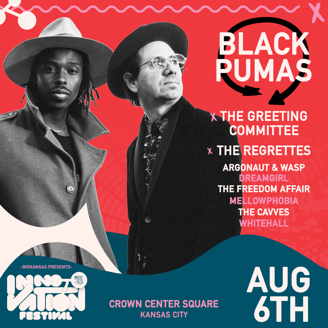 Promotional poster for a music festival featuring a black and white photo of two musicians against a red background. Text reads "Innovation Festival" and lists bands, with "Black Pumas" being the headliner. The event is on August 6th at Crown Center Square, Kansas City.
