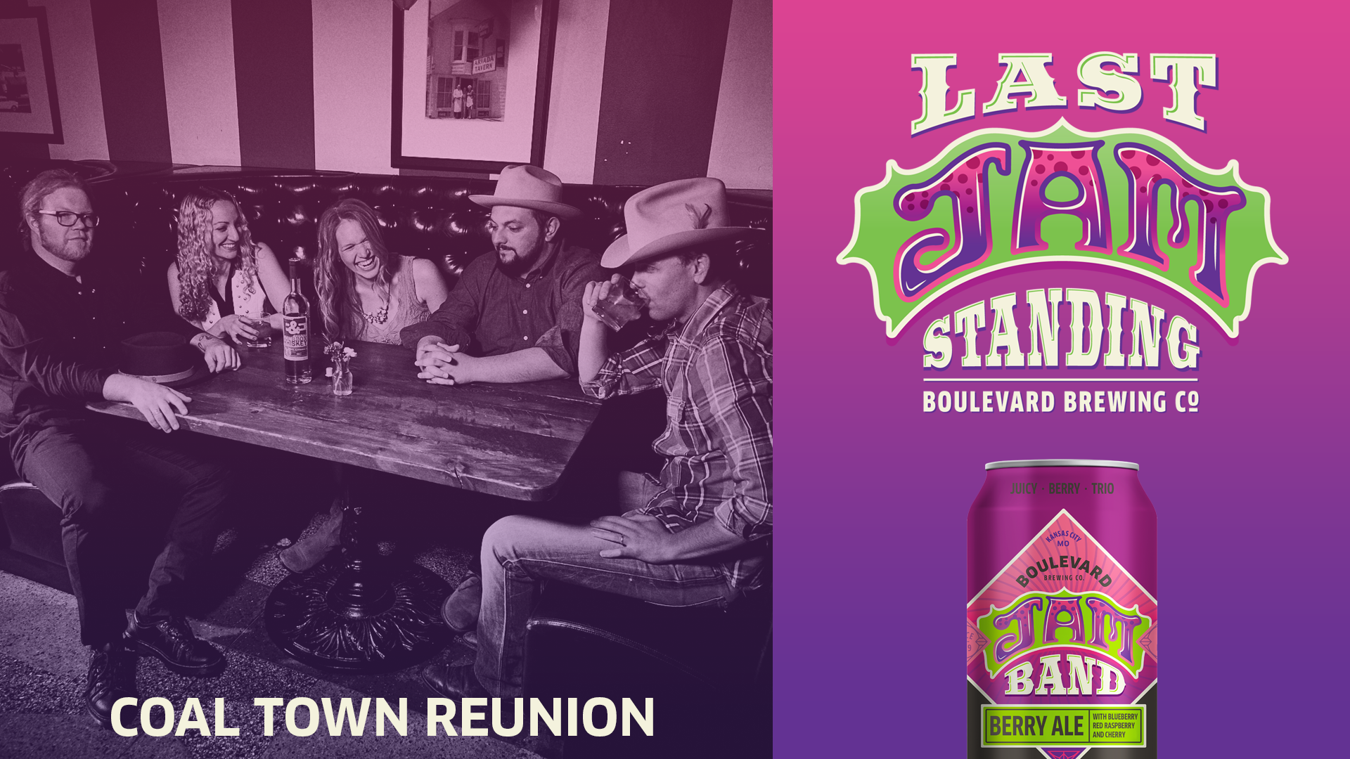 Five people sitting around a wooden table with drinks, smiling and talking. The background has bold stripes. The right side of the image features the "Last Jam Standing" logo with a can of Berry Ale, labeled as "Jam Band," from Boulevard Brewing Co.