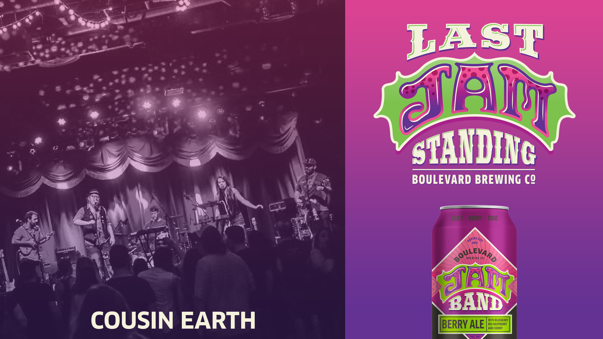 A band performs on a colorful stage with vibrant lighting, while a can of Boulevard Brewing Co.'s "Jam Band" Berry Ale is prominently displayed on the right side with text "Last Jam Standing.