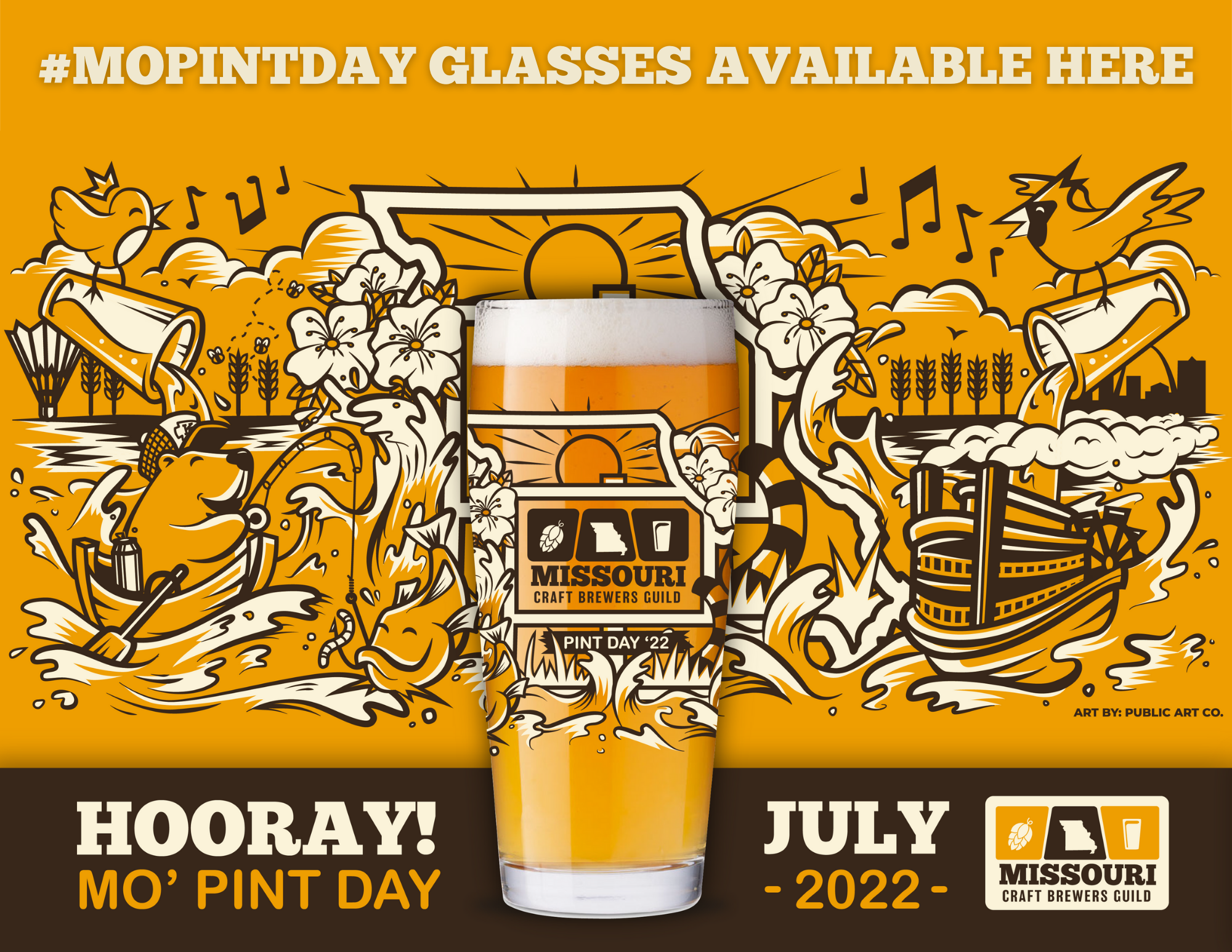 A promotional image for Missouri Craft Brewers Guild. It features a pint of beer with a custom glass design against a colorful backdrop of brewing illustrations. Text reads "HOORAY! MO' Pint Day" and "July 2022" with the hashtag #MOPINTDAY.