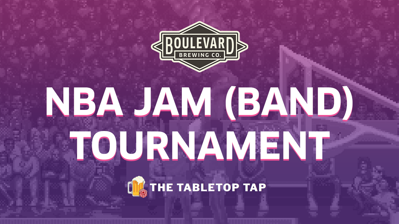 A promotional image for an NBA Jam tournament at The Tabletop Tap, featuring the Boulevard Brewing Co. logo. The background shows a pixelated basketball game scene.
